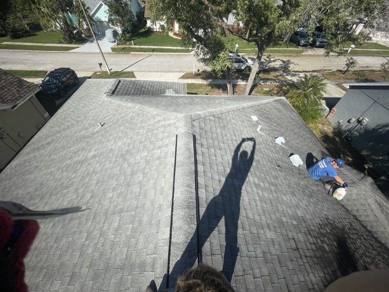 Washed shingle roof seen from the ridge